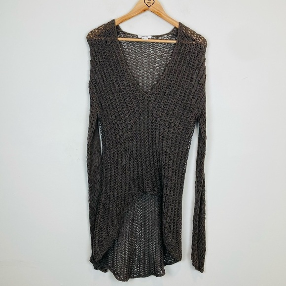Helmet Lang open weave Italian yarn v-neck high low sweater in brown size large - Picture 1 of 7
